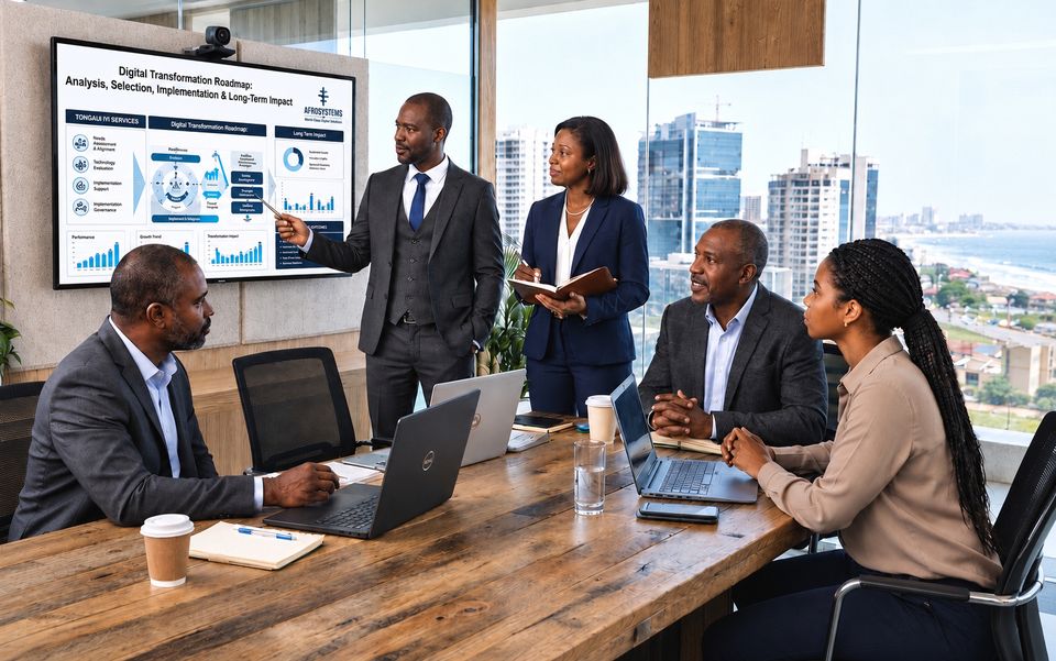 Consultants presenting a digital transformation roadmap to a client team.