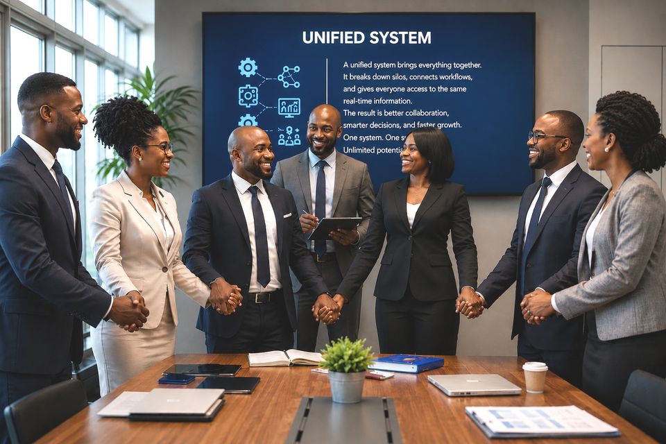 Business team celebrating a successful systems integration partnership.