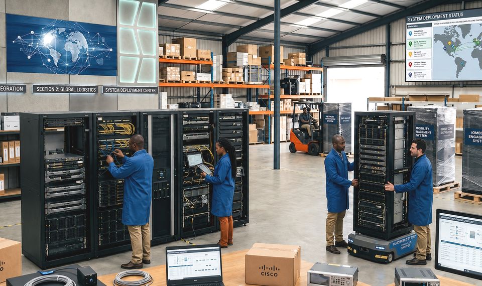 Technicians installing networking and server equipment in a warehouse deployment centre.